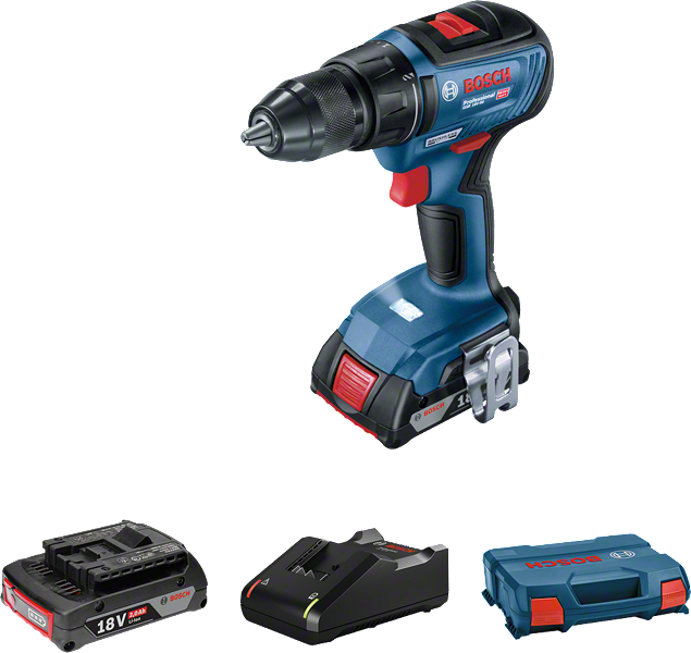 Bosch GSR 18V-50 cordless drill set with battery and case.