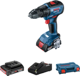 Bosch GSR 18V-50 cordless drill set with battery and case.