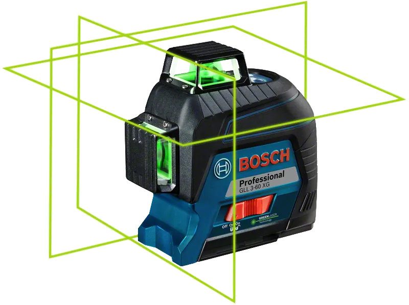 Bosch GLL 3-60 XG laser leveling tool with green lines.