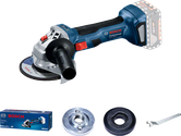 Bosch GWS 180-LI cordless angle grinder with accessories.
