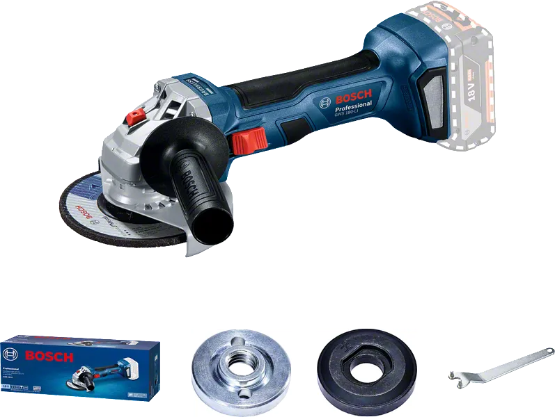 Bosch GWS 180-LI cordless angle grinder with accessories.