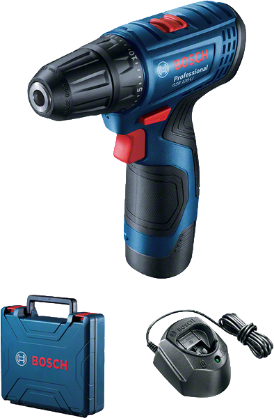 Bosch GSR 120-LI cordless drill set with charger and case.