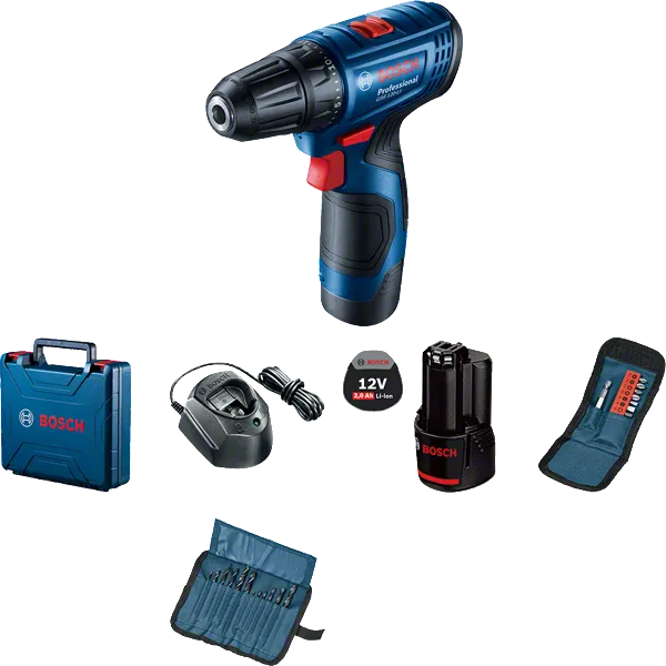 Bosch GSR 120-LI cordless drill set with accessories.