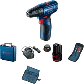 Bosch GSR 120-LI cordless drill set with accessories.