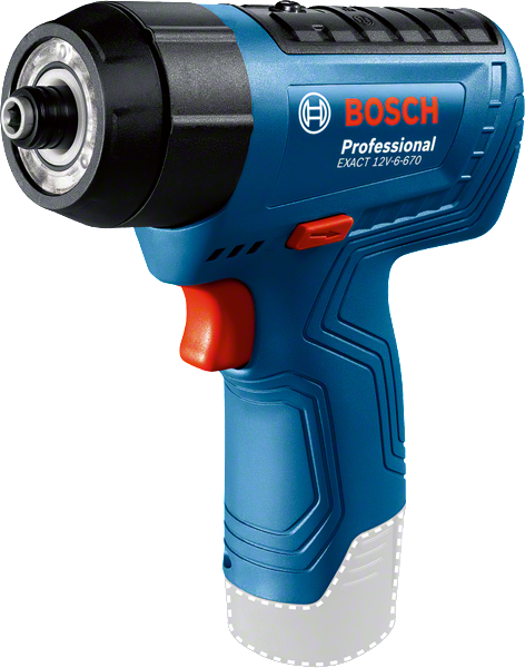 Bosch EXACT 12V cordless screwdriver, ergonomic grip.