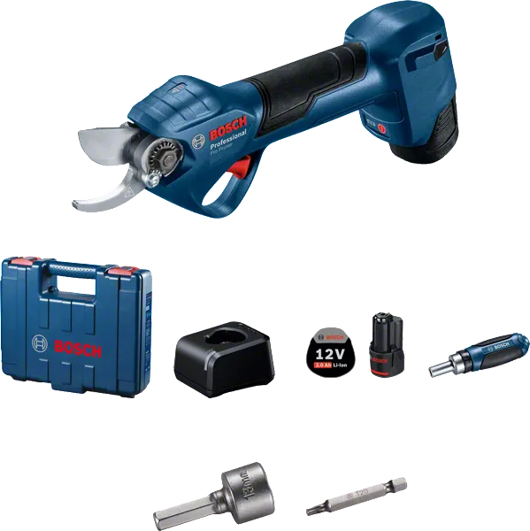 Cordless electric pruner kit with charger, carrying case, battery, and accessories.