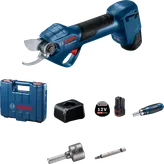 Cordless electric pruner kit with charger, carrying case, battery, and accessories.