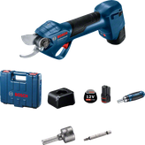 Cordless electric pruner kit with charger, carrying case, battery, and accessories.