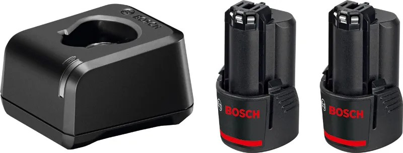 Bosch 12V battery charger and two lithium-ion batteries.