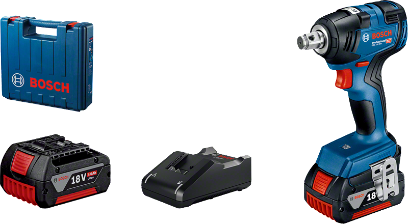 Bosch GDS 18V-200 impact wrench with battery, charger and case.