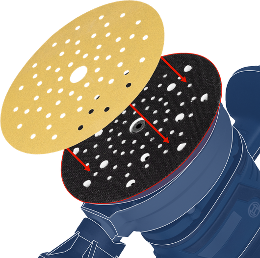 Sanding disc being aligned and attached to a power sander.