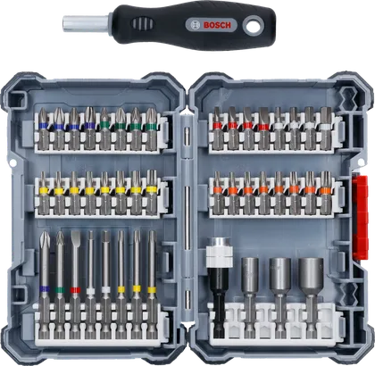 Bosch 32-piece screwdriver and drill bit set with case.