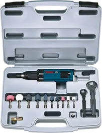 Bosch pneumatic straight grinder set with multiple grinding heads.