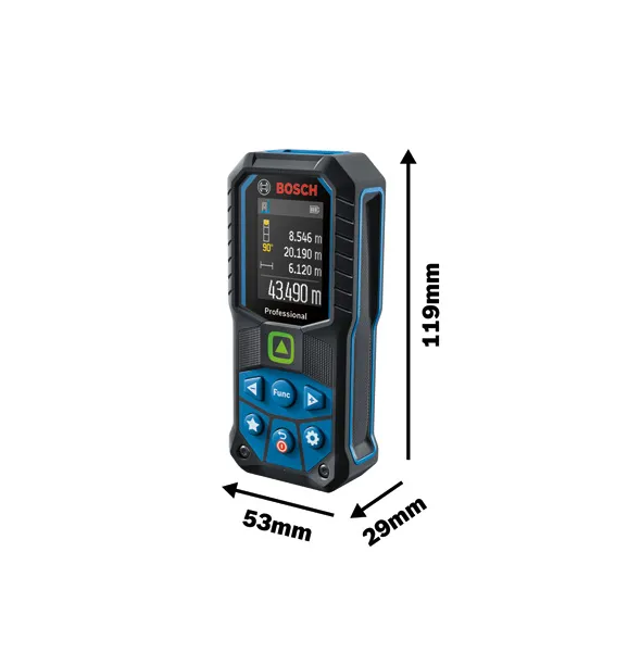 Bosch GLM 50-23 G laser measure showing 119mm by 29mm size.