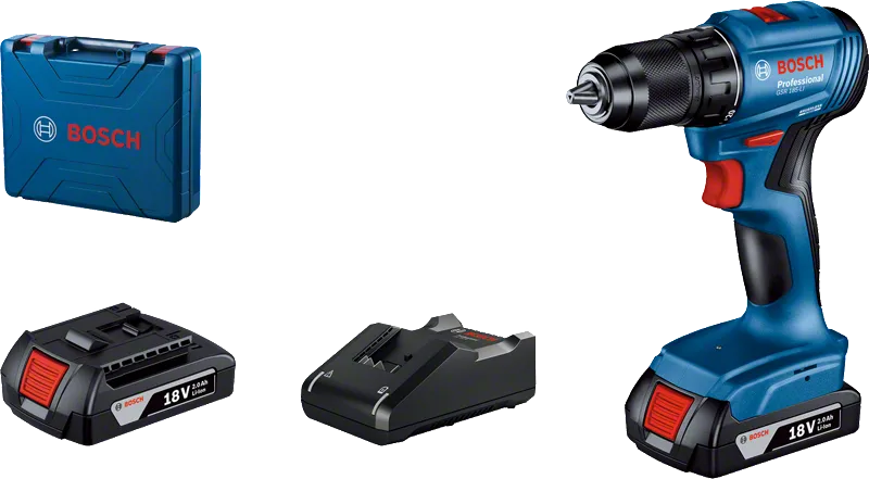 Bosch cordless drill GSR 185-LI with 18V battery, charger and case.