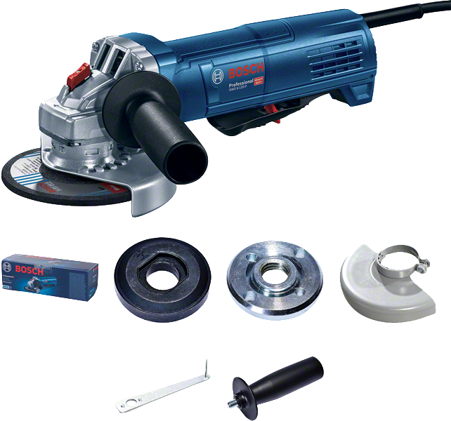 Bosch GWS 9-125 P angle grinder with accessories.