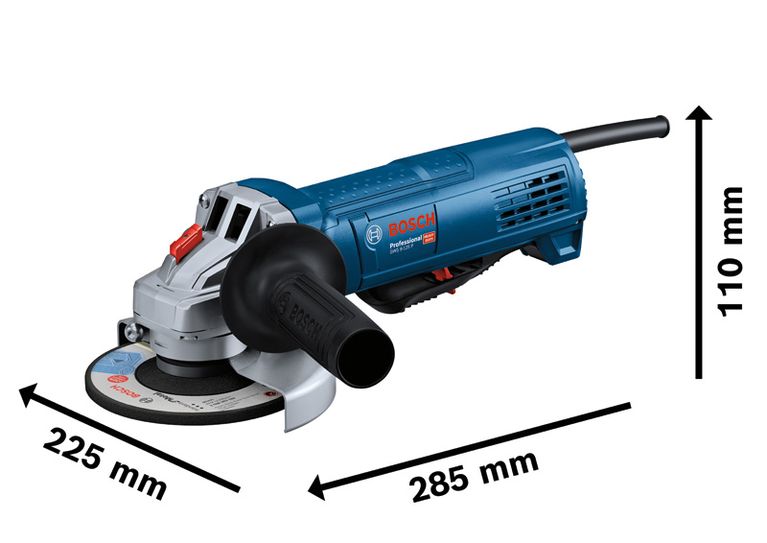 Bosch GWS 9-125 P angle grinder with dimensions shown.