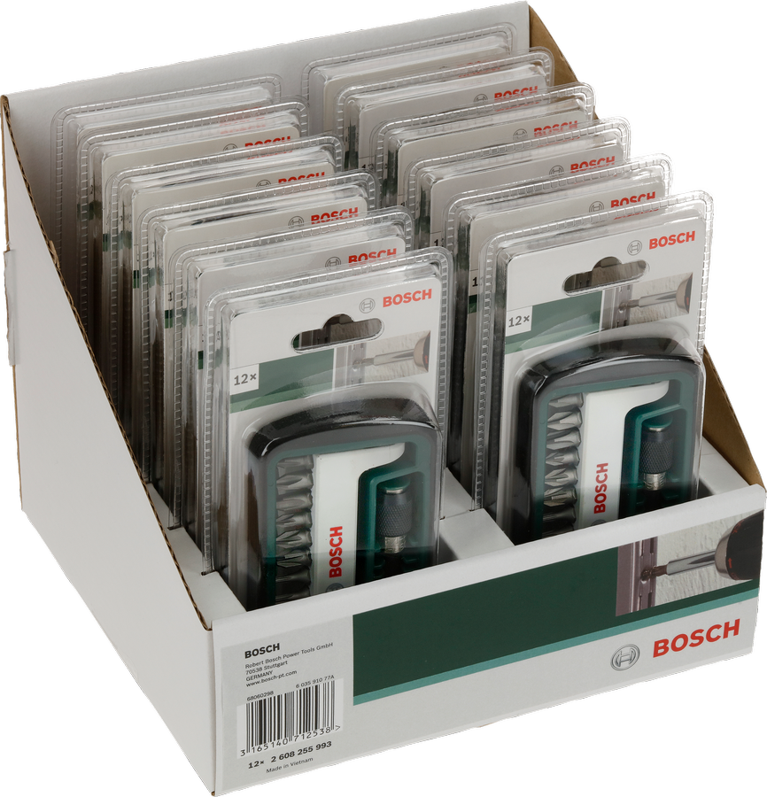 Bosch 12-piece screwdriver bit set in retail display.
