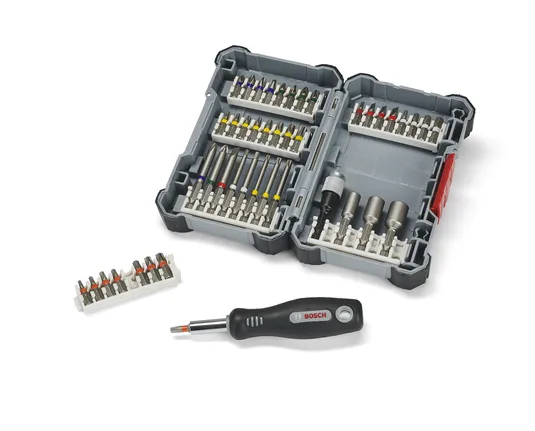Bosch 32-piece screwdriver bit and socket set in case.
