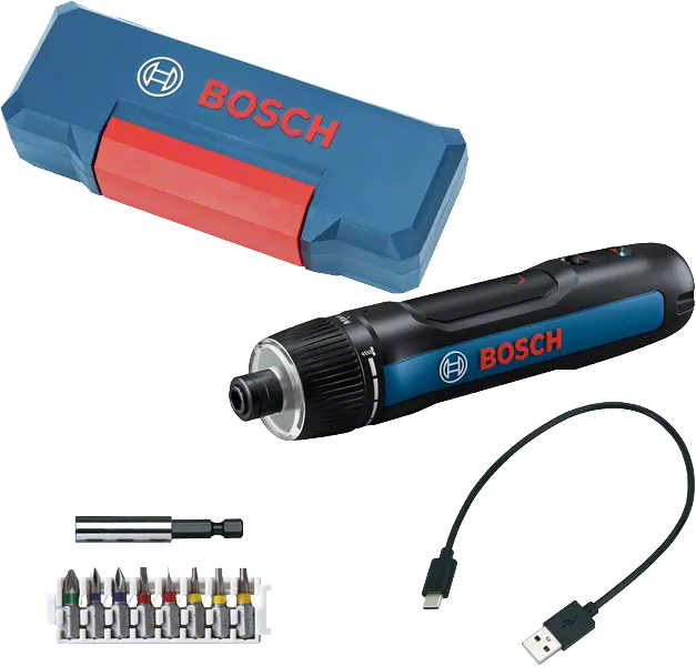 Bosch Go 3 electric screwdriver set with USB charging cable.