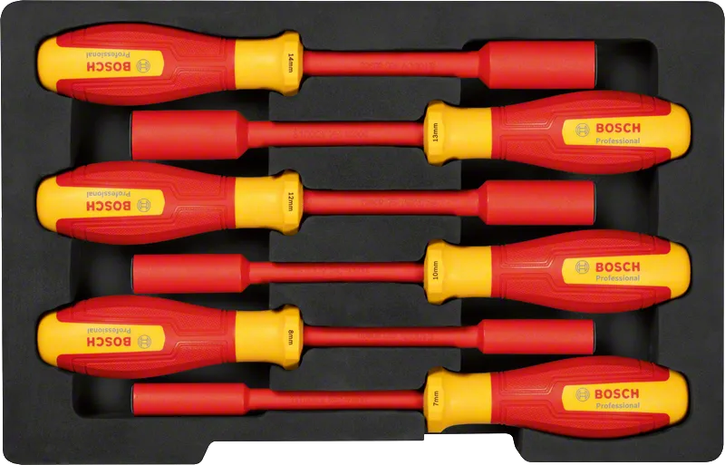 Bosch VDE socket wrench set 6-piece in foam tray.