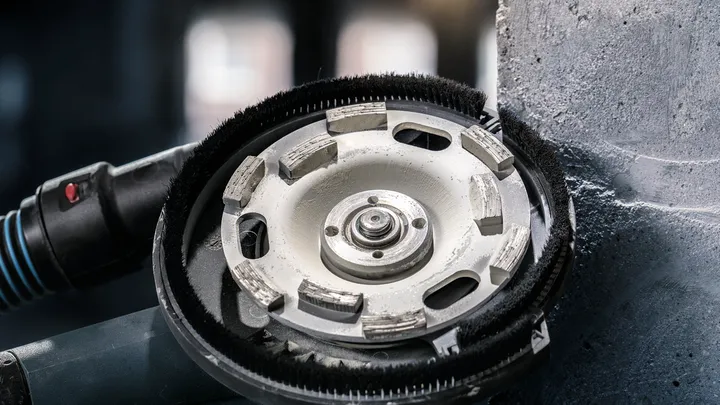 Diamond cup wheel grinds concrete on a vertical surface.