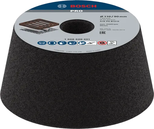 Bosch PRO Metal Conical Cup Wheel G16 for grinding metal.