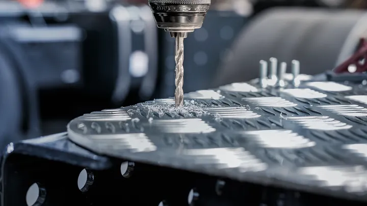 Drill making a hole in a textured metal sheet.