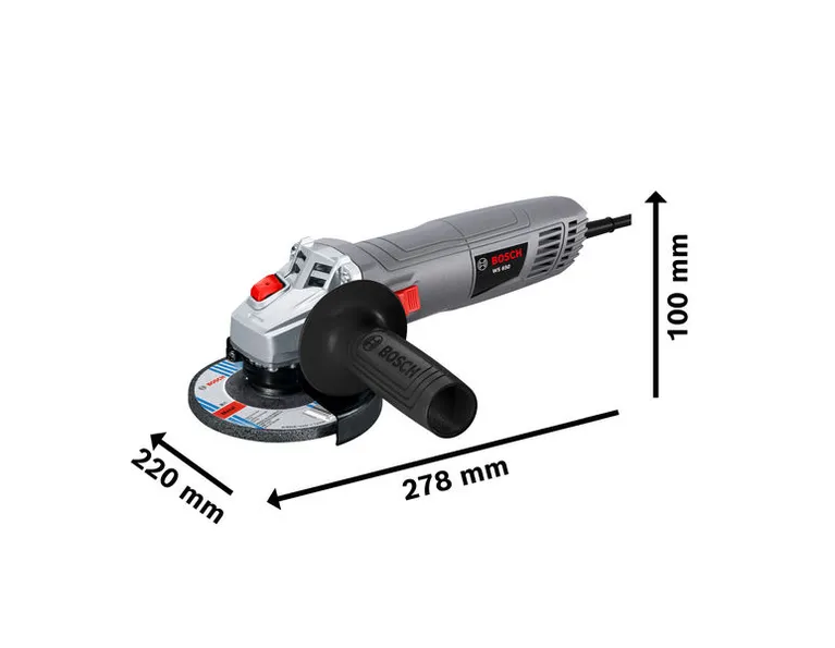 Bosch WS 650 angle grinder with labeled dimensions.