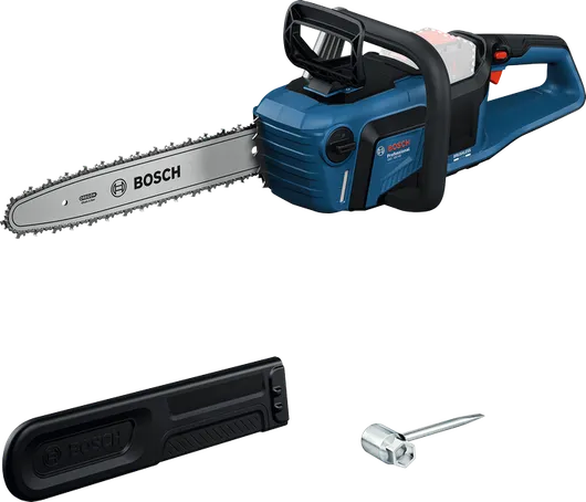 Bosch GKE 18V-40 cordless chainsaw with cover and tool.