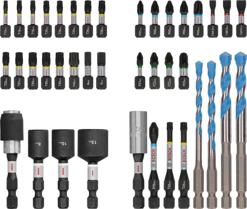 Bosch PRO Impact Mixed Set 40 pcs, color-coded bits and drills.