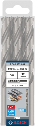 Bosch PRO Metal HSS-G 12 mm drill bits 5-pack.