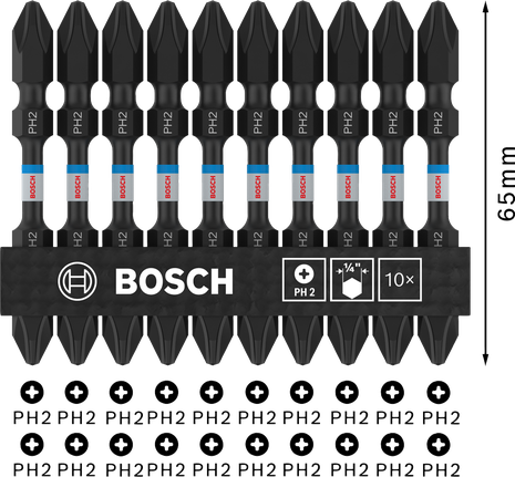 Bosch PRO PH2 double-ended impact bits 65mm, 10 pack.