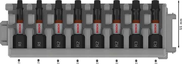 Bosch PRO R Impact Bits 8-piece set, 55 mm length.