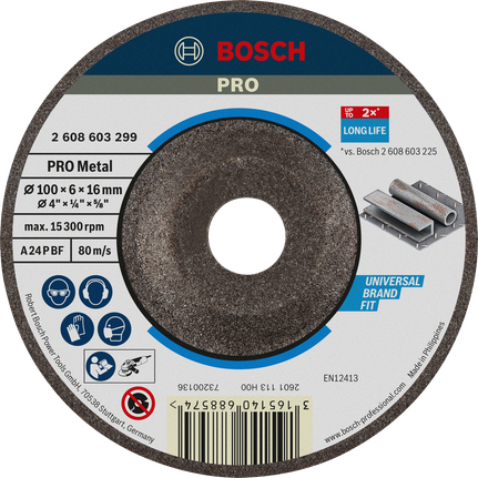 Bosch PRO Metal Grinding Disc 100 x 6 x 16 mm for long life.