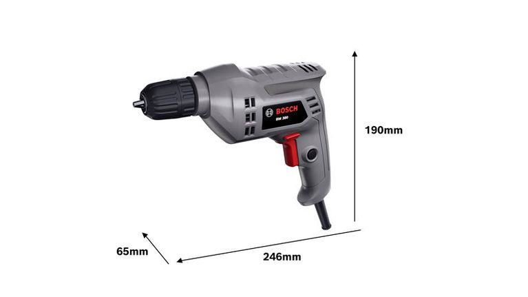 Bosch BM380 electric drill, dimensions displayed.