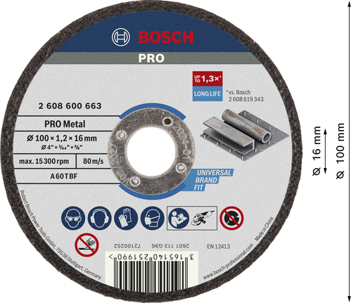 Bosch PRO Metal Bonded Cutting Disc 100 x 1.2 x 16 mm.