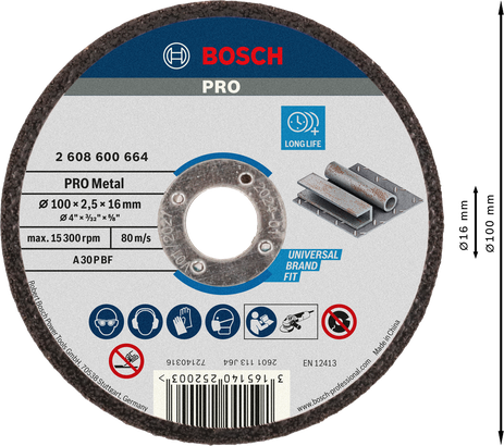 Bosch PRO Metal Cutting Disc, 100 x 2.5 x 16 mm.