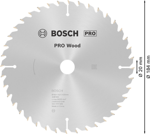 Bosch PRO Wood circular saw blade 184mm for fine wood cuts.