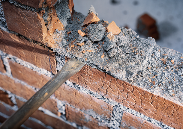 Chisel breaking and removing mortar from the top of a brick wall.