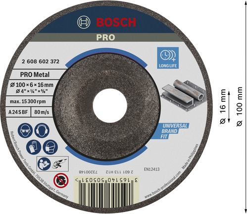 Bosch PRO Metal Grinding Disc 100 x 6 x 16 mm.