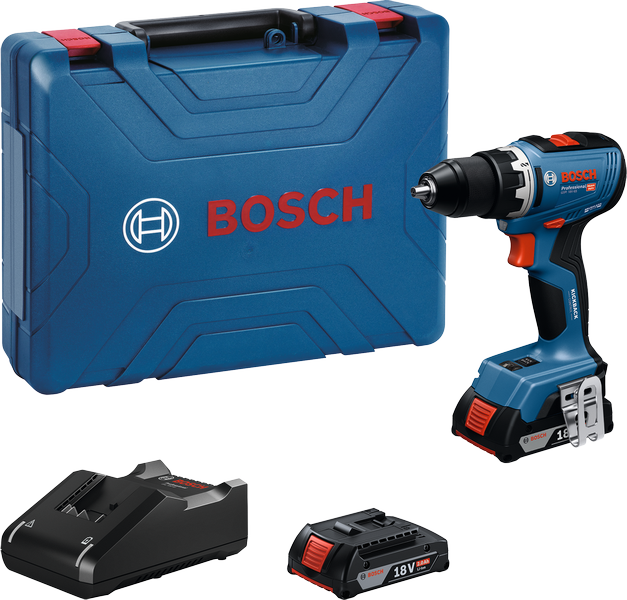 Bosch GSR 18V-65 cordless drill set with case.