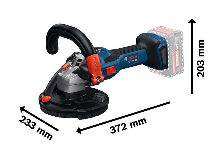 Bosch GBR 18V-15 S concrete grinder with size dimensions.