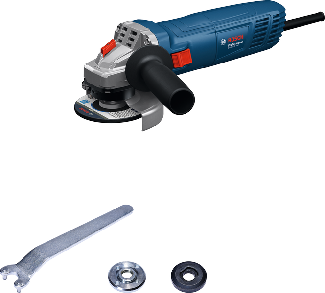 Bosch GWS 700-100 angle grinder with side handle and accessories.