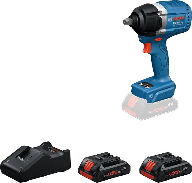 Bosch IDS 18V-650 impact wrench with charger and two batteries.