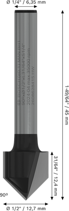 Bosch PRO Router Bit V-Groove 90 degree 1/2 inch diameter.