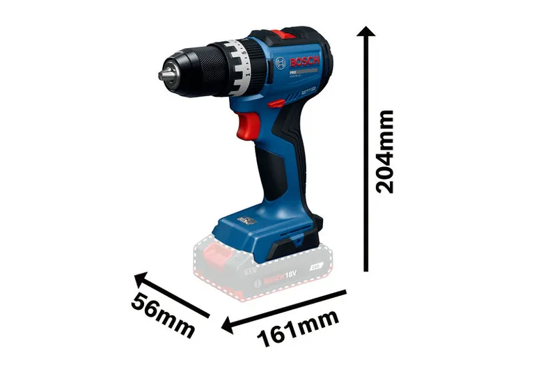 Bosch GSB 18V-52 cordless drill with dimensions labeled.