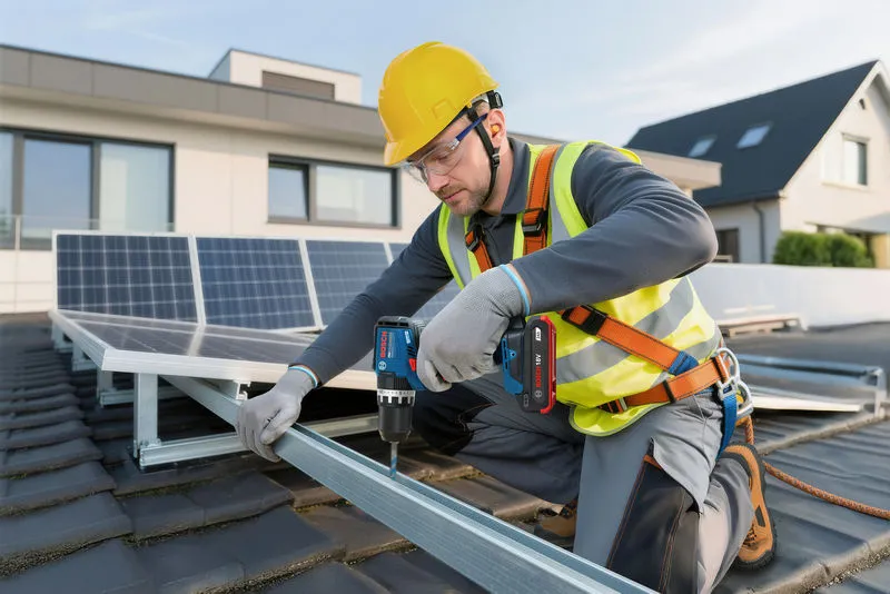 A person wearing safety equipment installs a solar panel frame with a cordless drill.