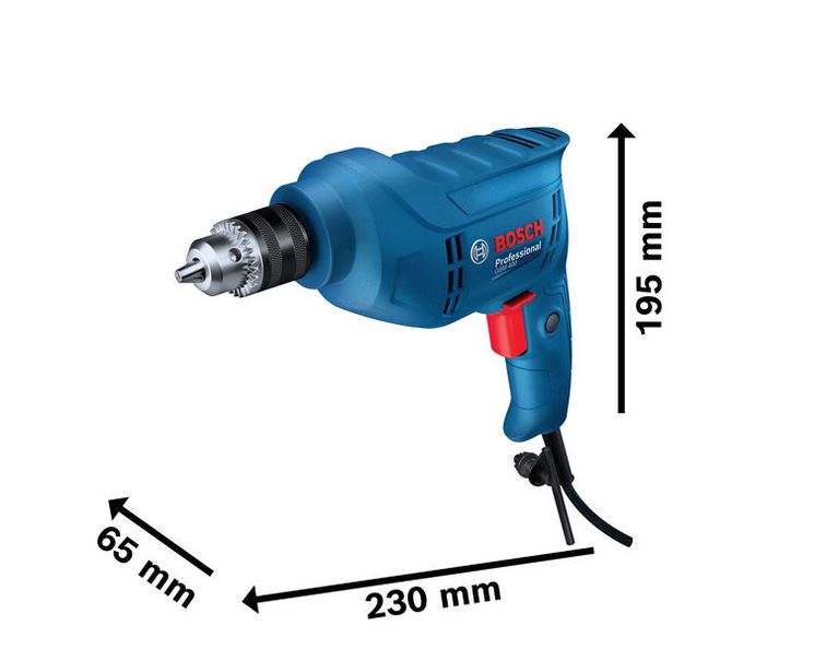 Bosch GBM 400 drill, corded with product dimensions shown.
