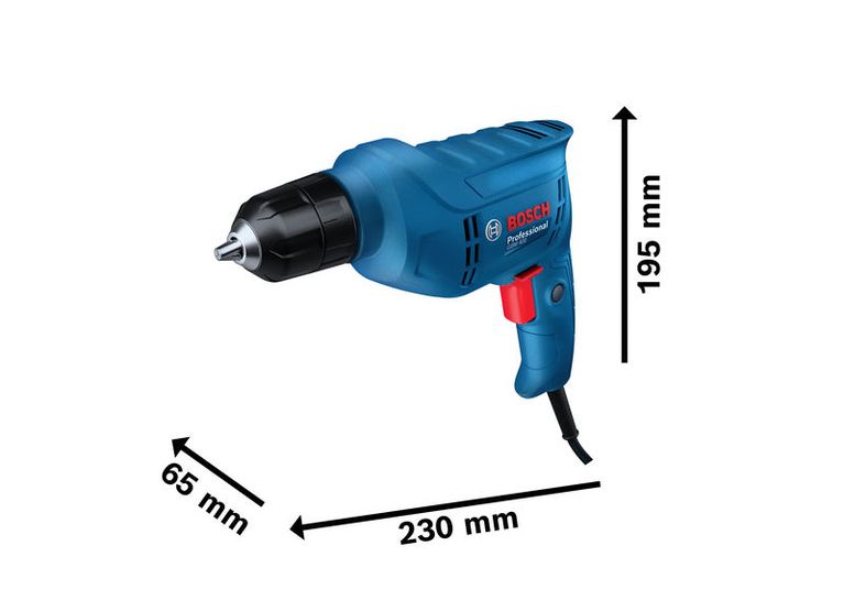 Bosch GBM 400 drill with keyless chuck and dimensions.